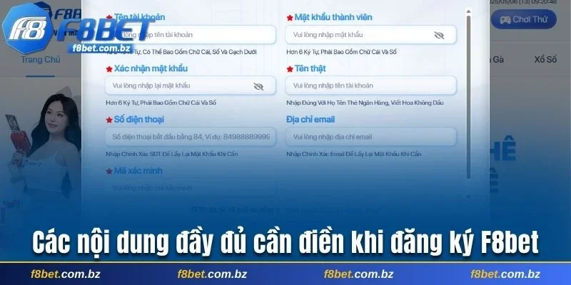 Các nội dung đầy đủ cần điền khi đăng ký F8bet