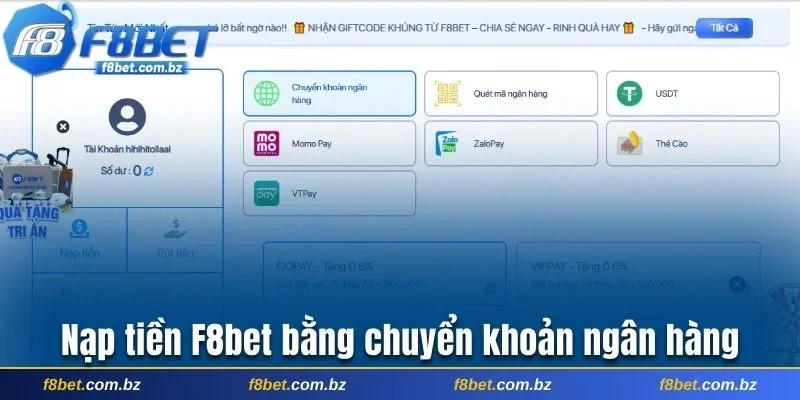 Hướng dẫn nạp tiền F8bet bằng chuyển khoản ngân hàng