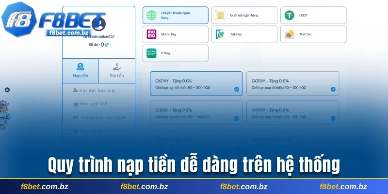 Quy trình nạp tiền dễ dàng trên hệ thống